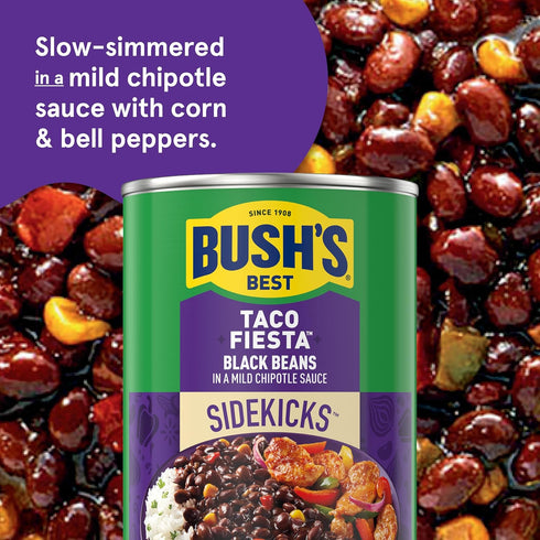 15.1 oz (Pack 12) BUSH'S BEST Canned Taco Fiesta Black Beans, Source of Protein and Fiber, Low Fat, Gluten Free