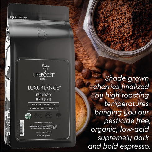 12oz Lifeboost Organic Espresso Ground Coffee - Non-GMO Low Acid Single Origin USDA Shade Grown Organic Espresso Coffee