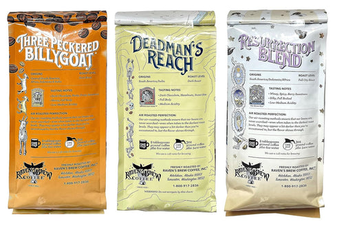 Pack 3 12oz Raven's Brew Whole Bean Coffee Variety - Delicious Flavors - Three Peckered Billy Goat, Deadman's Reach