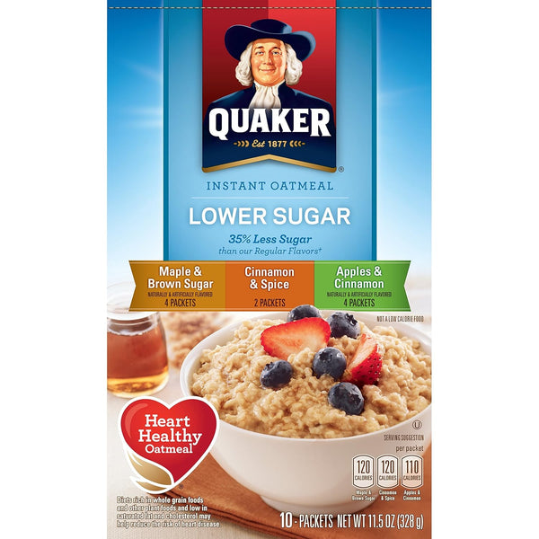 Quaker Instant Oatmeal Lower Sugar, Flavor Variety Pack, 10 Count Boxes, 11.5