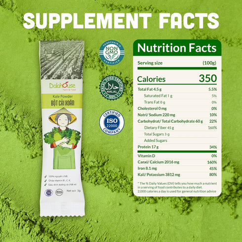 100% (20 2.1 oz) Pack 1 Freeze-Dried Kale Powder, Pure Juice, Nutritional Vegetable Supplement, for Skin, Smoothies