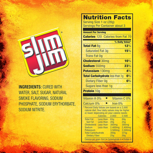 10g 2.75 oz. (1 Count) Slim Jim Smoked Bacon Jerky, Hickory Flavor, Protein Per Serving