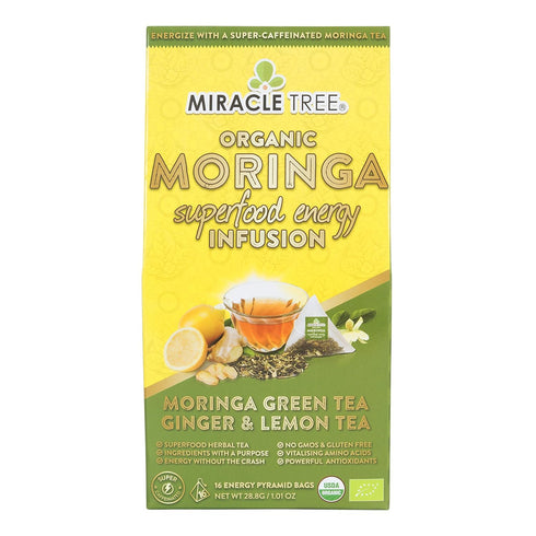 Miracle Tree's Moringa Energy Tea - Green Tea with Ginger & Lemon, Organic Certified, 16 Pyramid Sachets
