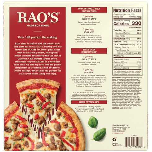 Frozen 21.2 Oz Rao's Made For Home Italian Sausage Arrabbiata Pizza, Box