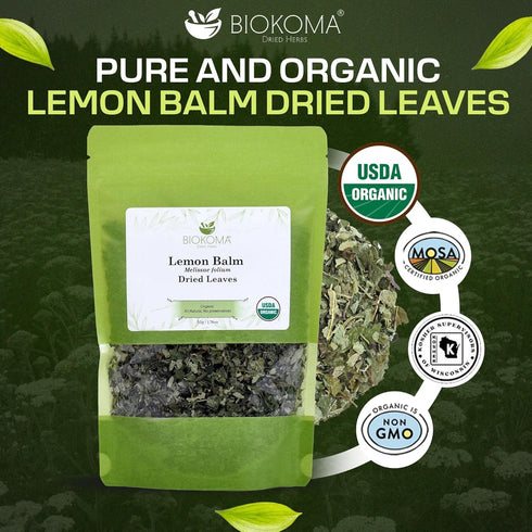 50g 1.76oz Biokoma Organic Lemon Balm Dried Leaves Melissa Officinalis Loose Herb Calming Relaxing Sleep Digestive