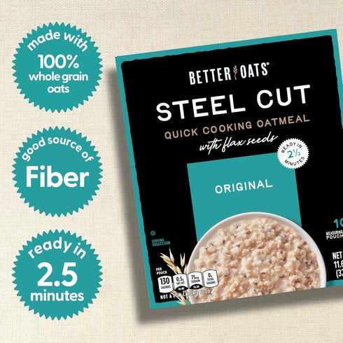 Packets, 11.6 oz 10 (Pack 6) Better Oats Steel Cut Instant Oatmeal Original Flavor with Flax Seeds and Whole Grains