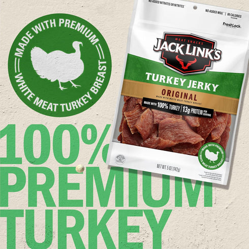 13g 100% 5 Oz. Jack Link's Turkey Jerky, Original, Jerky Bag - Flavorful Snack, Ready to Eat Protein Snacks