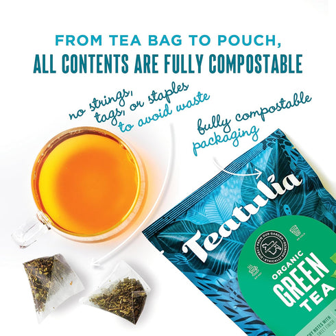 (50 100% Teatulia Organic Green Tea Bags Pyramid Sachet Teabags) Pure Whole Leaf Natural Green Tea In Bags. Premium