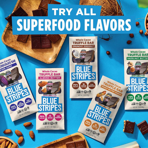 70% 2.1 OZ Blue Stripes - Almond Butter Whole Cacao Truffle Chocolate Bars, Cacao, Almond Butter, Healthy Chocolate