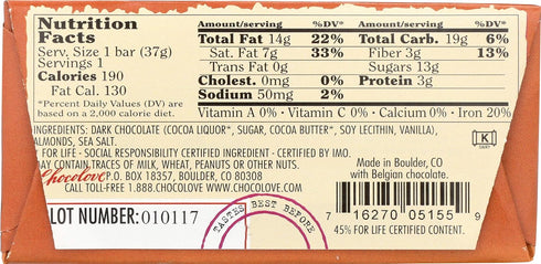 1.3 (Pack 12) Chocolove Chocolate Bar, Almonds & Sea Salt in Dark Chocolate, Ounce