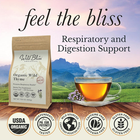 7.05 Oz 100 Wild Bliss Organic Wild Breckland Thyme Tea - Caffeine Free Loose Leaf Herbal Tea - Respiratory