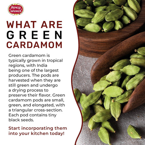 Spicy World Whole Green Cardamom Pods, 7 Oz Large Bag (200g), Natural Spice, Vegan, Aromatic