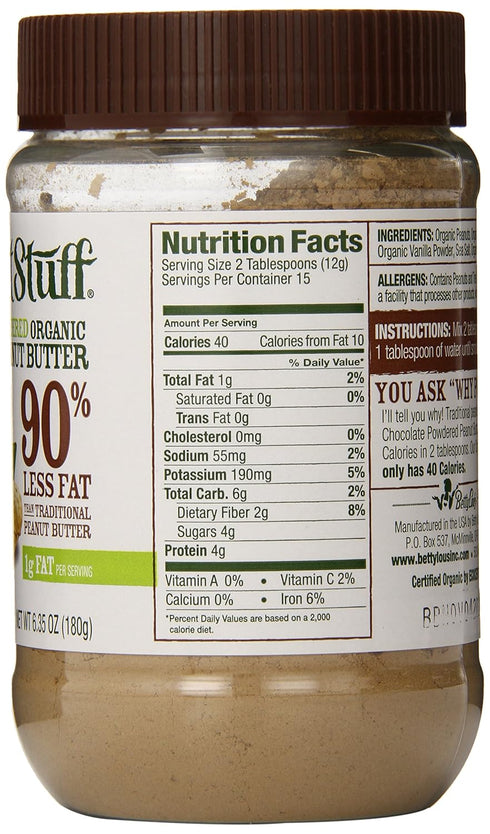 Betty Lou's 100% Organic Chocolate Peanut Butter Powder, Gluten Free, Vegan, Low Calorie, 6.35 Oz