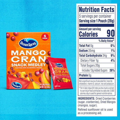 1 Oz 5 Count Ocean Spray Mango Cran Snack Medley, Cranberry and Mango Dried Fruit Snack, Pouches