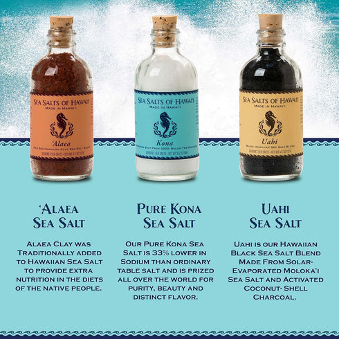 3 Pack, Sea Salts of Hawaii Variety Alaea Red Clay Salt, Kona Pure Hawaiian Salt, Uahi Black Flavored Hawaiian Sea Salt