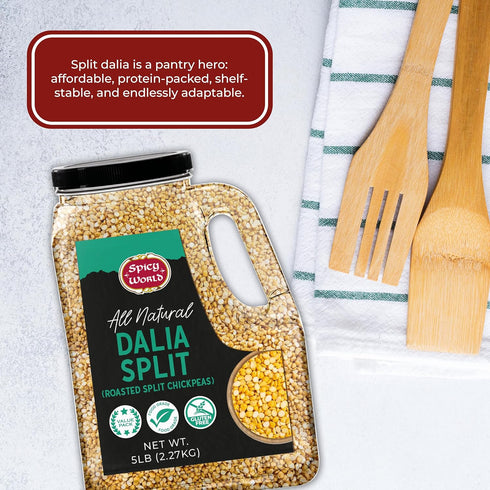 Spicy World 5 LB Daliya Split (Roasted Split Chickpeas Dalia) Bulk Jar - All Natural, Pure, For Chutneys, South Indian