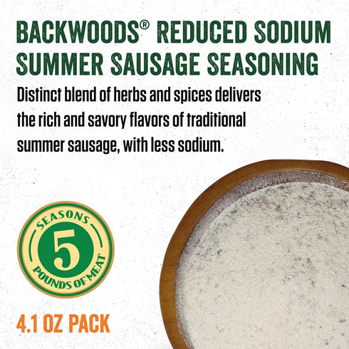 LEM Products Backwoods Reduced Sodium Summer Sausage Cured Sausage Seasoning, 4.1 Ounce Packet, Seasons Up to 5 Pounds
