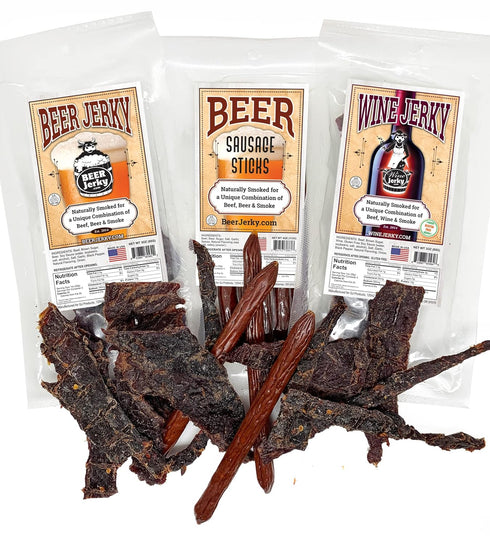 GJ Products BeerJerky.com - Variety 3-Packs - Beef Jerky and Sausage Sticks Marinated in