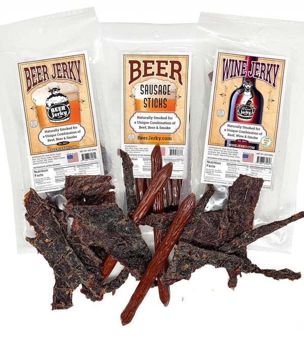 GJ Products BeerJerky.com - Variety 3-Packs - Beef Jerky and Sausage Sticks Marinated in