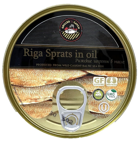 (12 Pack) 5.6 oz Grilled Catch Sprats Riga Smoked Tins in Vegetable Oil Product of Latvia, Kosher
