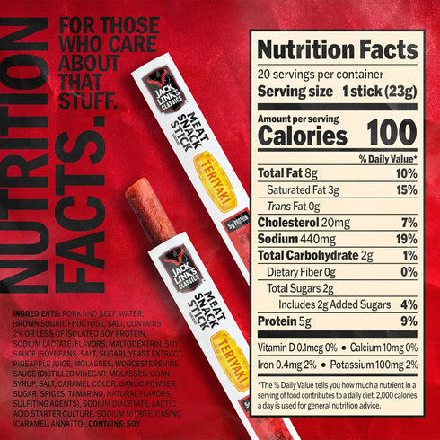 5g 0.8 Oz. (Pack 20) Jack Link's Classics Meat Sticks, Teriyaki - Protein Snack, Meat Snack Sticks with of Protein