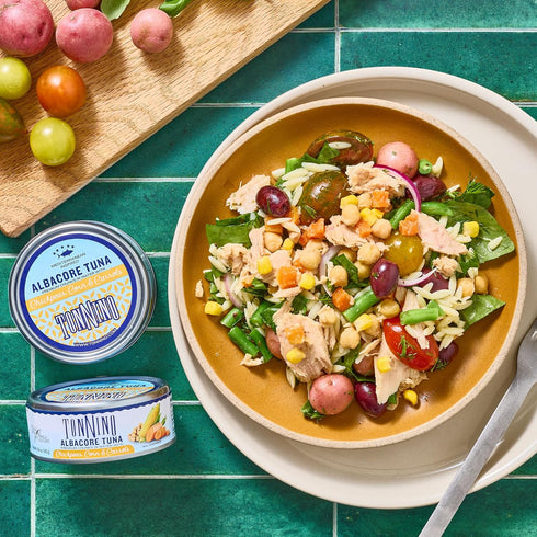 Albacore Pack 12 Tonnino Tuna Fish - Premium chunk in water with Chickpeas, Corn & Carrots - of Alternative to Salmon