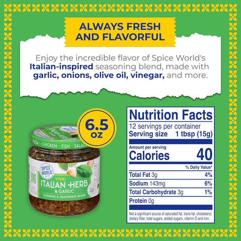 6.5oz Spice World Garlic and Italian Herb Seasoning Blend Ready-to-Use Seasonings for Cooking - Italian Seasoning Spice