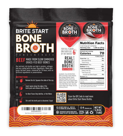 4 Count Packed 16g 20g Packets Brite Start Bone Broth - Beef Bone Broth - - Keto Friendly Concentrate with Collagen