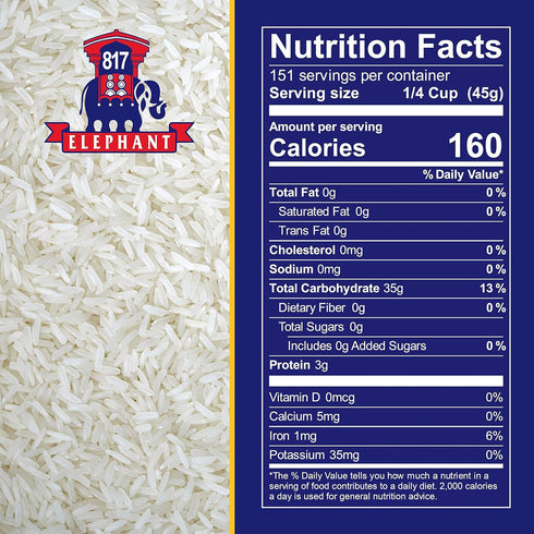 817 Elephant 15 lb Thai Hom Mali Jasmine Rice - Bag - Authentic White Rice - Great for Thai Recipes, Curries & Pilafs