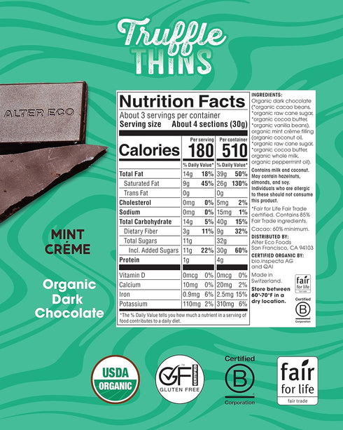 Packaging (1-Pack Alter Eco Mint Creme Truffle Thins, Chocolate Bar with Gooey Ganache Truffle Filling, Gluten-Free