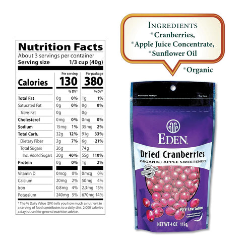 4 oz Eden Organic Dried Cranberries, Sweetened with Apple Juice