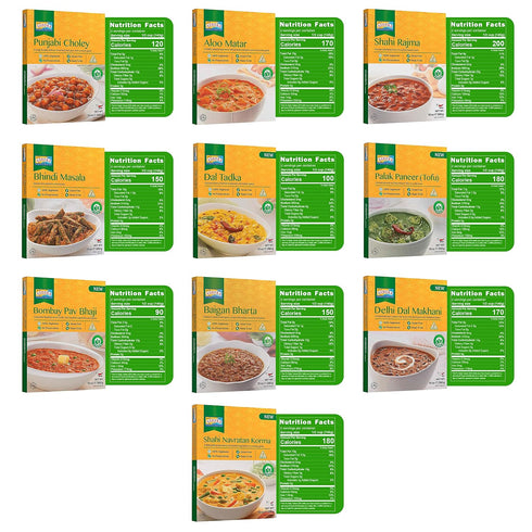 1932, Pack, Pack 10 Ashoka Authentic Indian Meals Vegan Sampler Kosher Certified, Ready to Eat Meal Kit, All-Natural