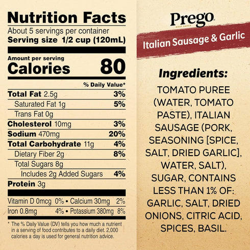 23.5 OZ (Pack 2) Prego Italian Sausage and Garlic Meat Sauce, Jar