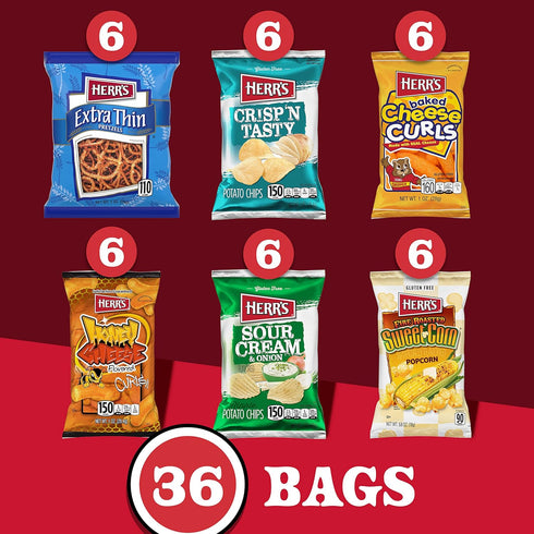 Pack, 1oz (36 Count) Herrs Snacks Variety Potato Chips, Pretzels, Popcorn, Cheese Curls, Bag