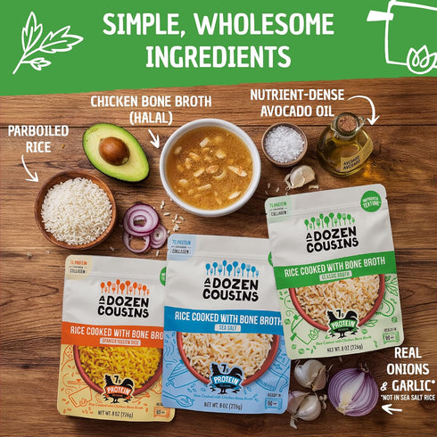 Dozen 6pk, 8oz Packets A Cousins Bone Broth Rice Variety Ready to Eat Seasoned High Protein Rice, Clean Ingredients