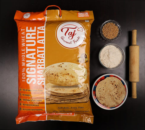 TAJ Gourmet Foods 2-Pounds 100% TAJ Signature Sharbati Atta | Chakki Atta - Stone Ground Whole Wheat Flour, Chappati