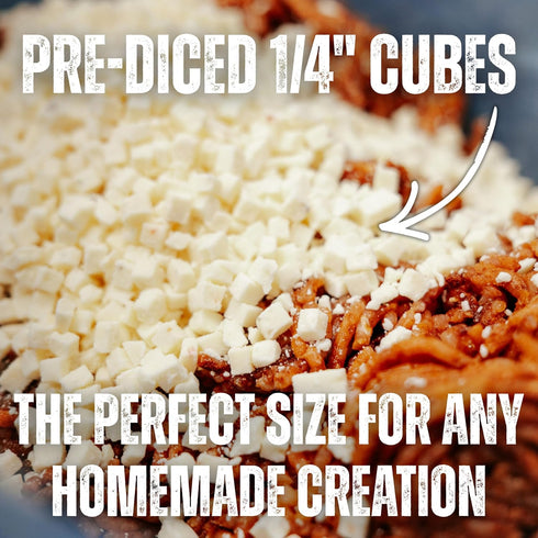2.5 lbs 1/4" 25 lbs 400F Bearded Butchers High-Temp Pepper Jack Cheese Shelf-Stable Cubes for Up to of Meat