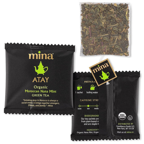 Mina Atay Moroccan Nana Mint Organic Green Tea, 15 Biodegradable Sachets - Refreshing Low Caffeine Mint Tea Bags