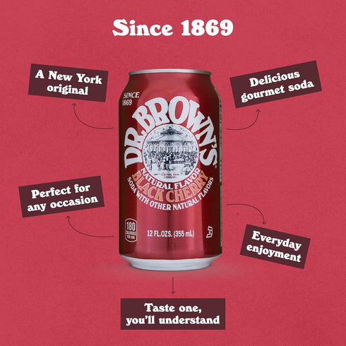 24 24 12 oz Dr. Brown's Black Cherry Soda - A New York Original - Cans - Kosher, Gourmet Soda Pop - Black Cherry