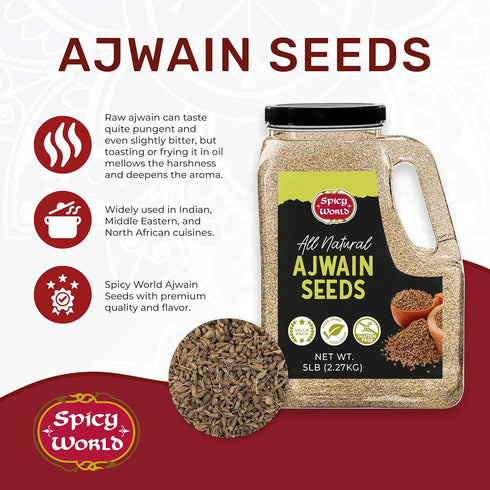 Spicy World 5 LB 100% Ajwain Seeds Bulk Jar - Carom Seeds, Bishops, Natural, Premium Quality - Great for Tea, Breads