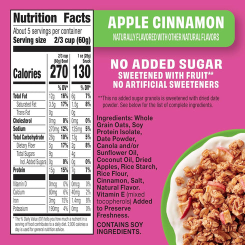 15g 10.3 oz Wilde Terra Apple Cinnamon Granola, Protein, No Added Sugar, Good Source of Fiber