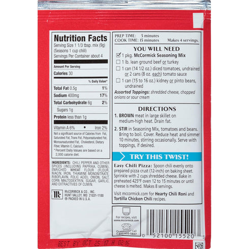 1.25 oz (Pack 24) McCormick Mild Chili Seasoning Mix
