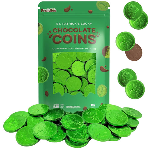 Saint Patrick's Day 100 Clover Shamrock Leprechaun Green Coins, Premium Belgian Nut-Free
