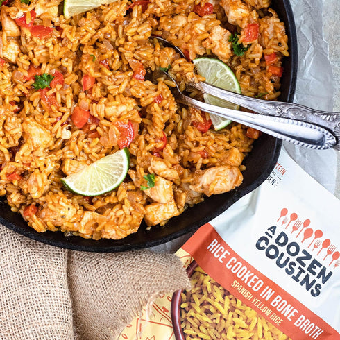 Dozen 6pk, 8oz Packets A Cousins Spanish Bone Broth Rice Ready to Eat Seasoned High Protein Rice, Clean Ingredients