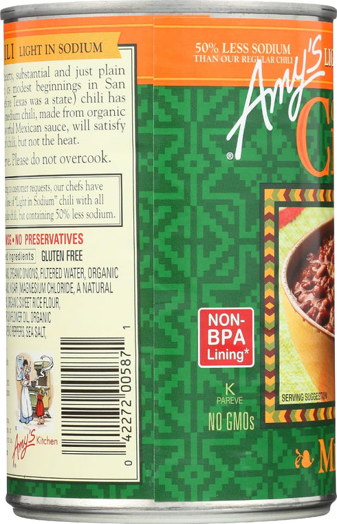 14.7 Oz Amy's Organic Chili, Vegan Medium Chili, Light in Sodium, Gluten Free, Made With Red Beans and Tofu