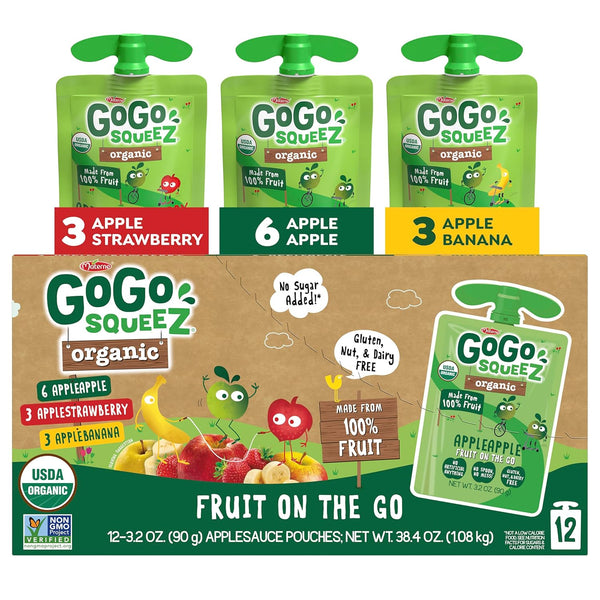GoGo squeeZ Organic Applesauce and Fruit Puree, Variety Pack, Apple, Strawberry &