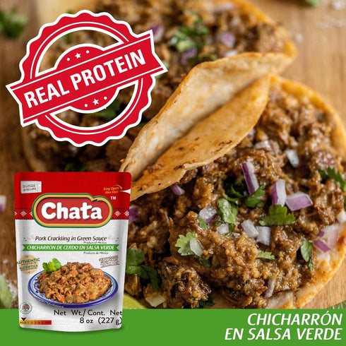 Pack, 8.8 oz (Pack 6) Chata Variety Mexican Shredded Meats with Pork, Chicken, Turkey and Pork Crackling