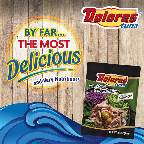 2.6 oz (Pack 24) Dolores Chunk Light Yellowfin Tuna in Olive Oil Pouch Ready-to-Eat Tuna, Mild Flavor, Convenient