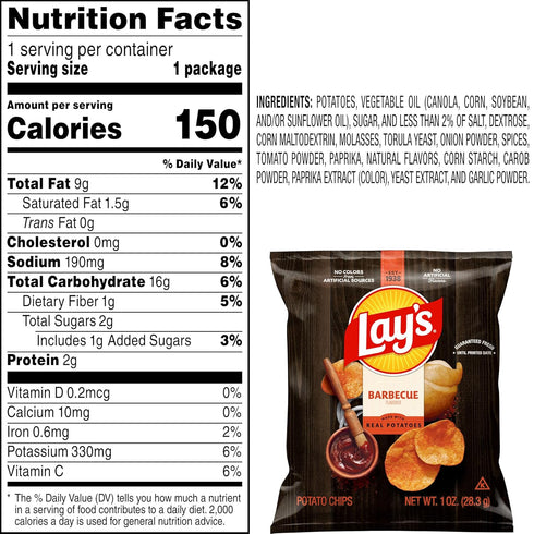Lay's 1 oz (40 Pack) (Packaging Barbecue Flavored Potato Chips, Bags, and Formula May Vary)