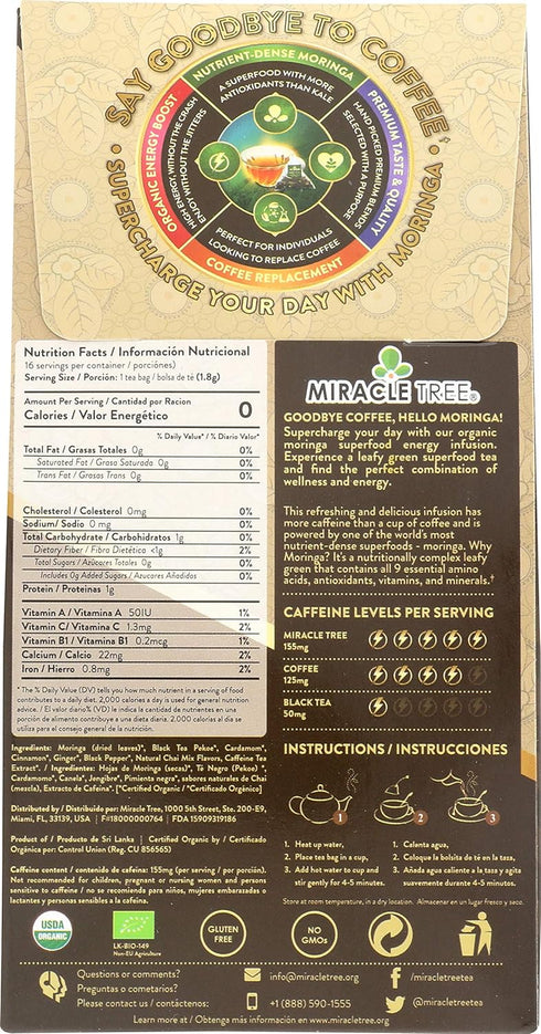 Miracle Tree's Energizing Moringa Infusion - Chai | Organic Certified & Non-GMO | 16 Pyramid Sachets, Healthy Coffee